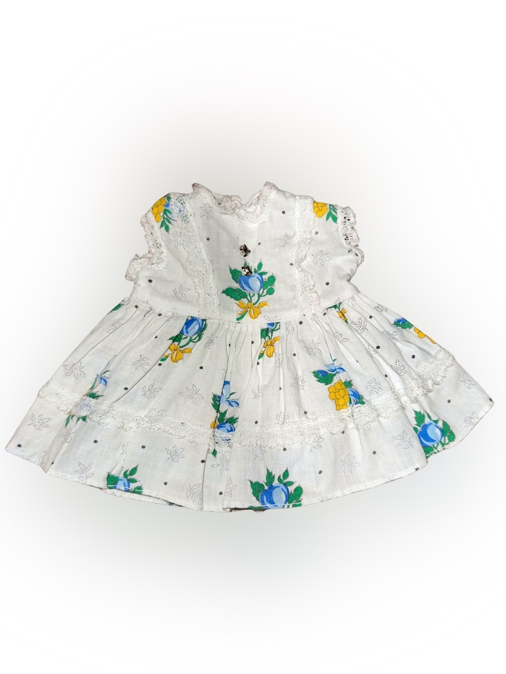 Vintage 70’s White Baby Doll Dress Blue Flowers Lace Trim Sparkle Accents